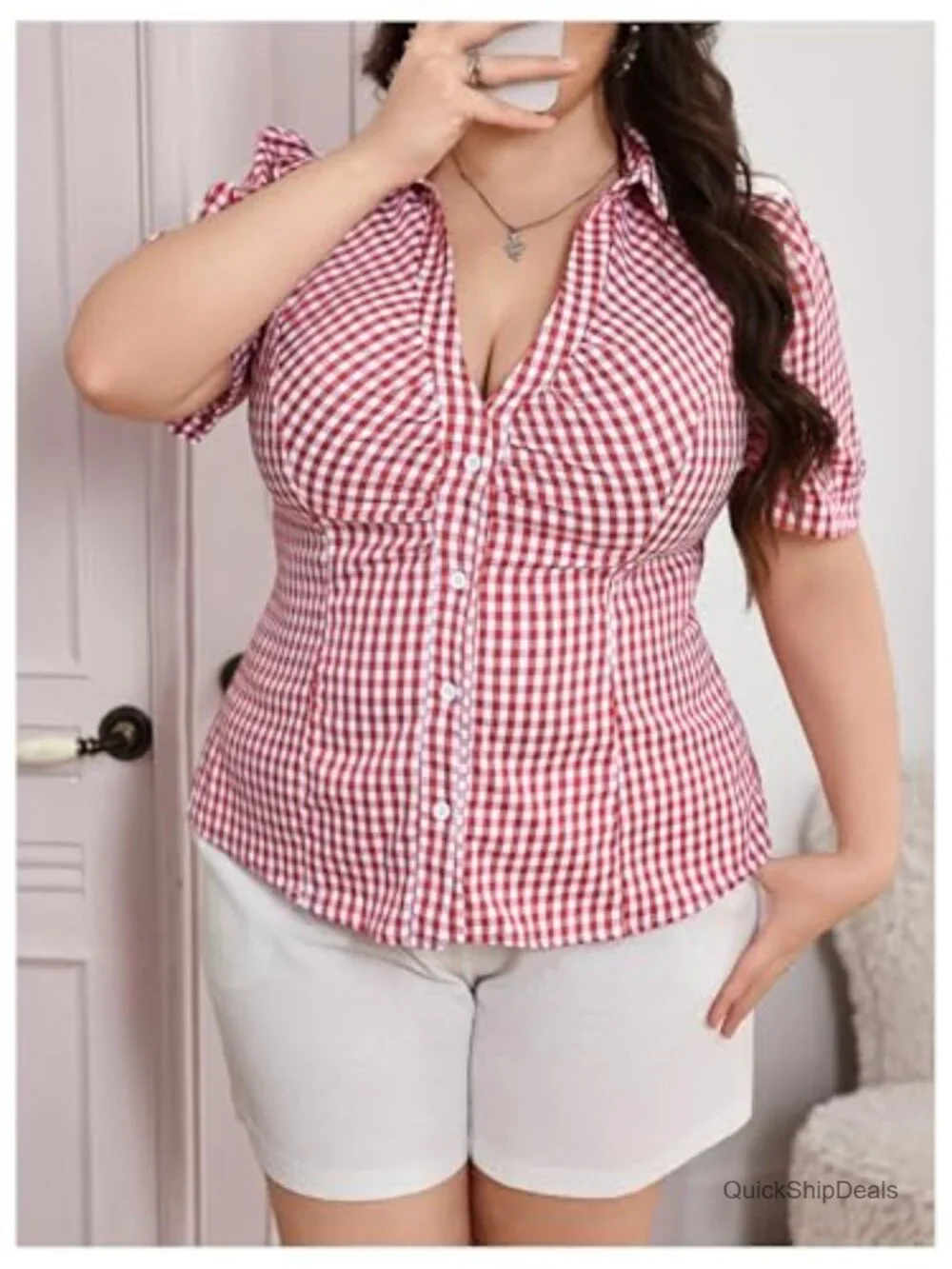 Plus Size Puff Sleeve Gingham Plaid Button Down Ruched Y2K Blouse Crop Top